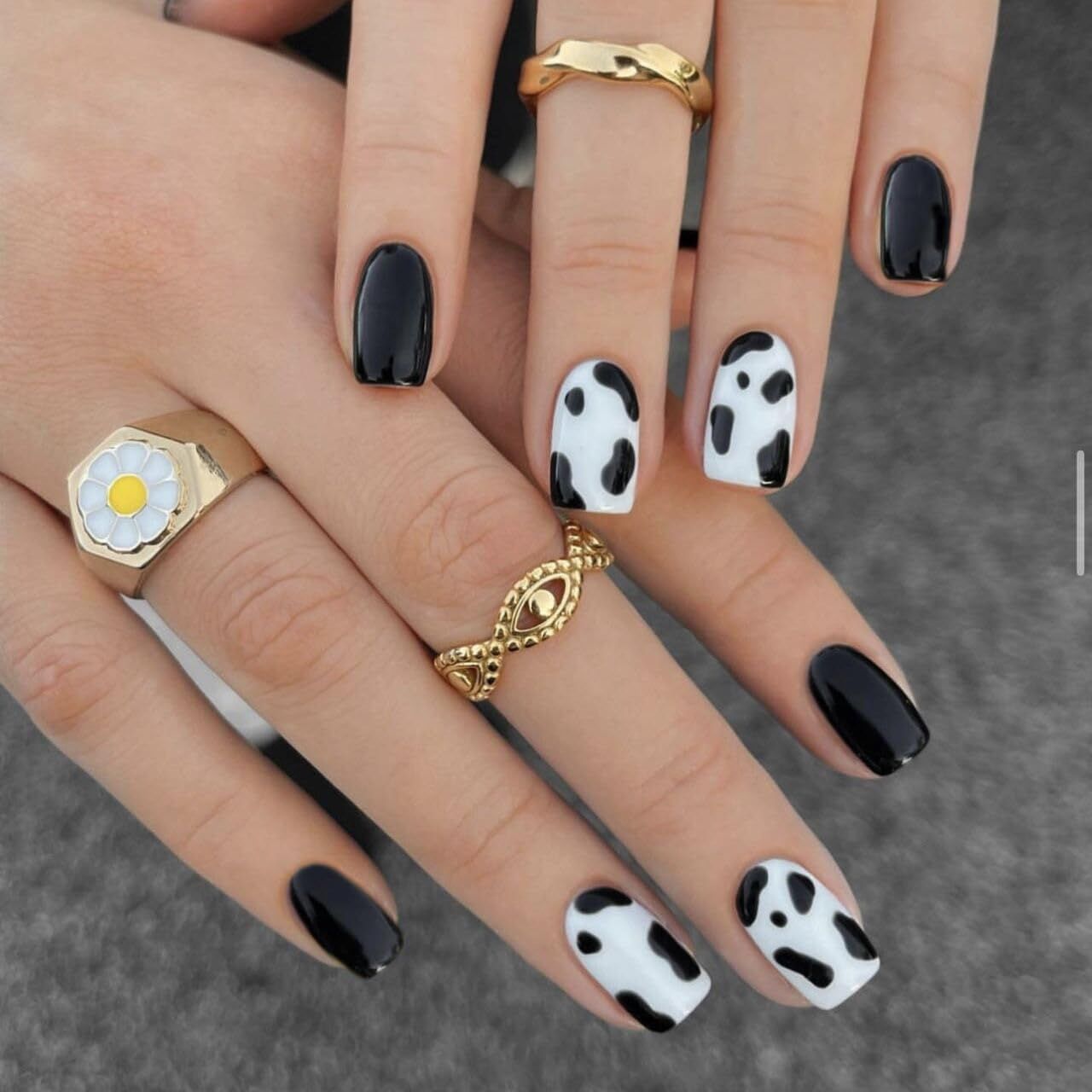 IMSOHOT Glossy Square Press on Nails Short Squoval Cow Print Cute Black False Full Cover Glue on Nails for Women &amp; Girls