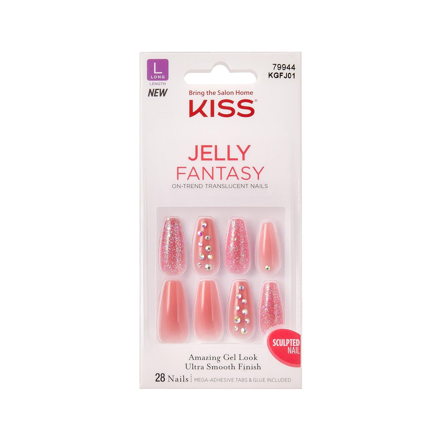 KISS Jelly Fantasy On-Trend Translucent Nails, Long Sculpted Glue-On Fake Nails Kit, Style Be Jelly, with Pink Gel Nail Glue, Mini Nail File, Manicure Stick, &amp; 28 Glue On Nails