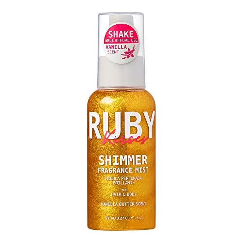 Ruby Kisses Shimmer Fragrance Body and Hair Mist Spray, Vanilla Glitter Body Perfume Spray, Skin Perfume, Liquid Illuminator Highlighter for Skin (GOLD)