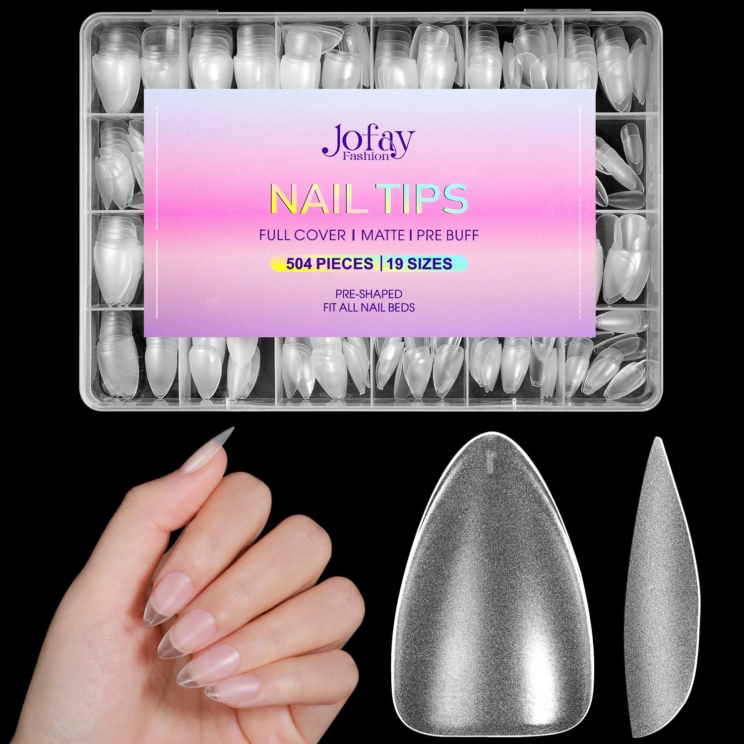 Short Almond Nail Tips 504Pcs, Jofay Fashion Pre-shaped &amp; Etched Acrylic Fake Nails Full Cover Almond Clear Gel Nail Tips Full Matte False Nails Press On Nails for Nail Extensions DIY Salon 19 Sizes