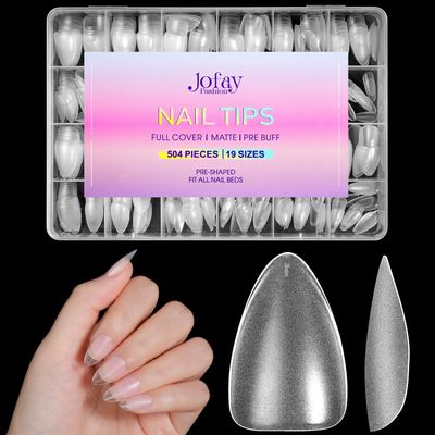 Short Almond Nail Tips 504Pcs, Jofay Fashion Pre-shaped &amp; Etched Acrylic Fake Nails Full Cover Almond Clear Gel Nail Tips Full Matte False Nails Press On Nails for Nail Extensions DIY Salon 19 Sizes