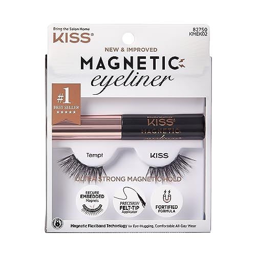 KISS Magnetic Eyeliner &amp; Lash Kit, Tempt, 1 Pair of Synthetic False Eyelashes With 5 Double Strength Magnets and Smudge Proof, Biotin Infused Black Magnetic Eyeliner with Precision Tip Brush