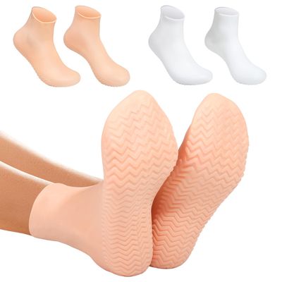 Silicone Moisturizing Socks for Dry Cracked Feet - 2 Pairs, XL Long Size, Non-Slip Heel Socks for Women and Men - High Stretch Foot Care Pedicure - White &amp; Beige