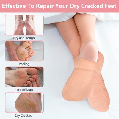 Silicone Moisturizing Socks for Dry Cracked Feet - 2 Pairs, XL Long Size, Non-Slip Heel Socks for Women and Men - High Stretch Foot Care Pedicure - White &amp; Beige