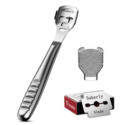 BALUCA Callus Shaver Remover with 10 Replacement Blades - Stainless Steel Comfort Grip Foot Corn Scraper Heel Rasp, Professional Grade Foot Care Pedicure Tool for Effortless Callus Removal - Silver