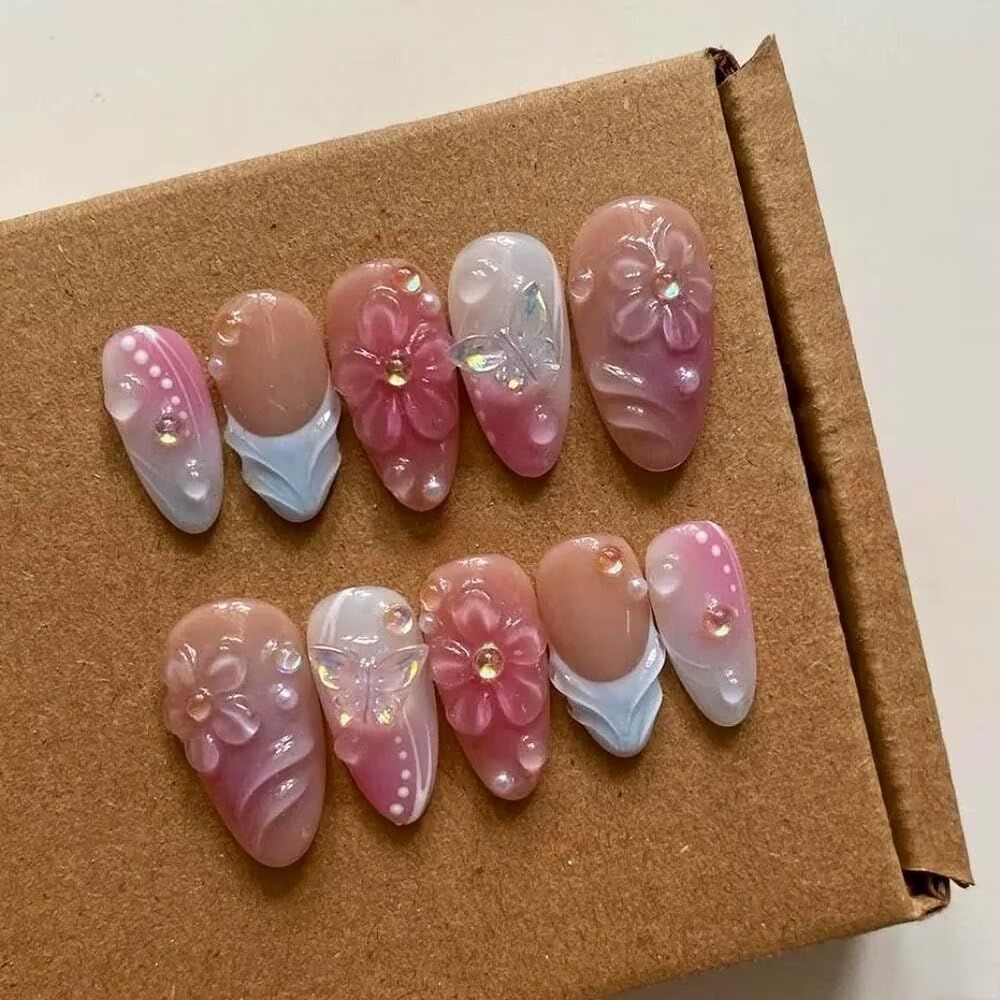 MAGLFELL Press On Nails - Medium Almond Handmade Unique Fake Nails, Artistic Design, Thick Acrylic and Muti-Layer Gel False Nails