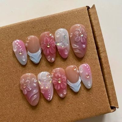 MAGLFELL Press On Nails - Medium Almond Handmade Unique Fake Nails, Artistic Design, Thick Acrylic and Muti-Layer Gel False Nails