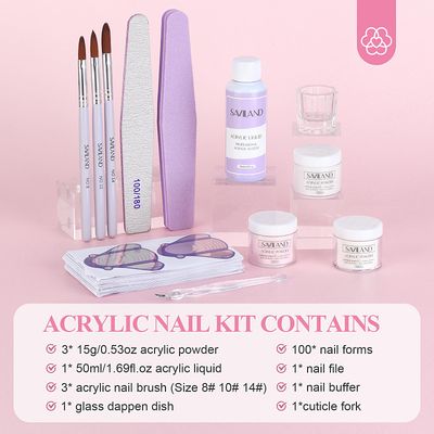 SAVILAND Essentials Acrylic Nail Kit Starter: Acrylic Nail Kit for Beginners with Everything White Pink Clear Acrylic Powder and Liquid Set 8/10/14 Nail Brush Forms Manicure Tools Home Nail Salon DIY
