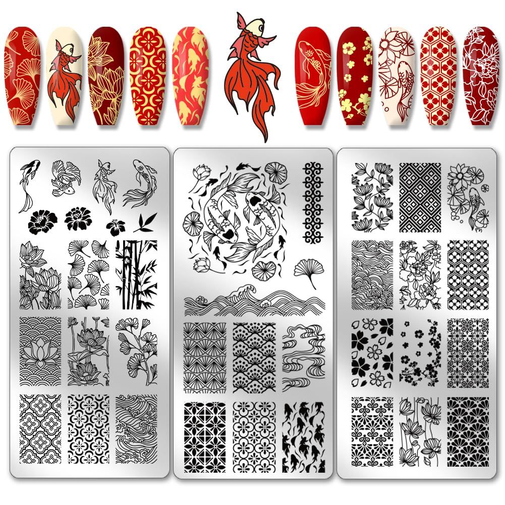 PH PandaHall 3pcs Fish Nail Stamping Plates, East Lotus Nail Stamper Plum Bossom Art Stencils Print Stencils Stainless Steel Image Plate for Nails Art Design Manicure Salon