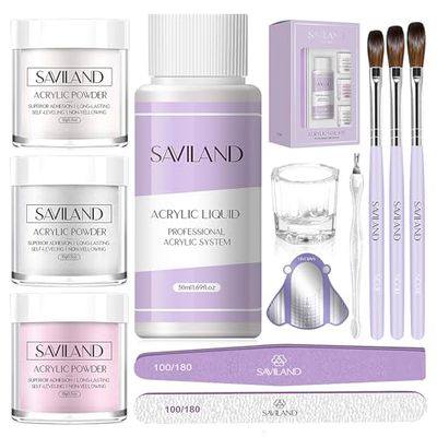 SAVILAND Essentials Acrylic Nail Kit Starter: Acrylic Nail Kit for Beginners with Everything White Pink Clear Acrylic Powder and Liquid Set 8/10/14 Nail Brush Forms Manicure Tools Home Nail Salon DIY