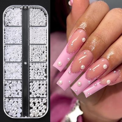 Multi Sizes Round and Half Round Pearls 3D Nail Charms, White Flatback Pearls Nail Jewelry for Women Girls Manicure Nails Supplies DIY Crafts Decorations
