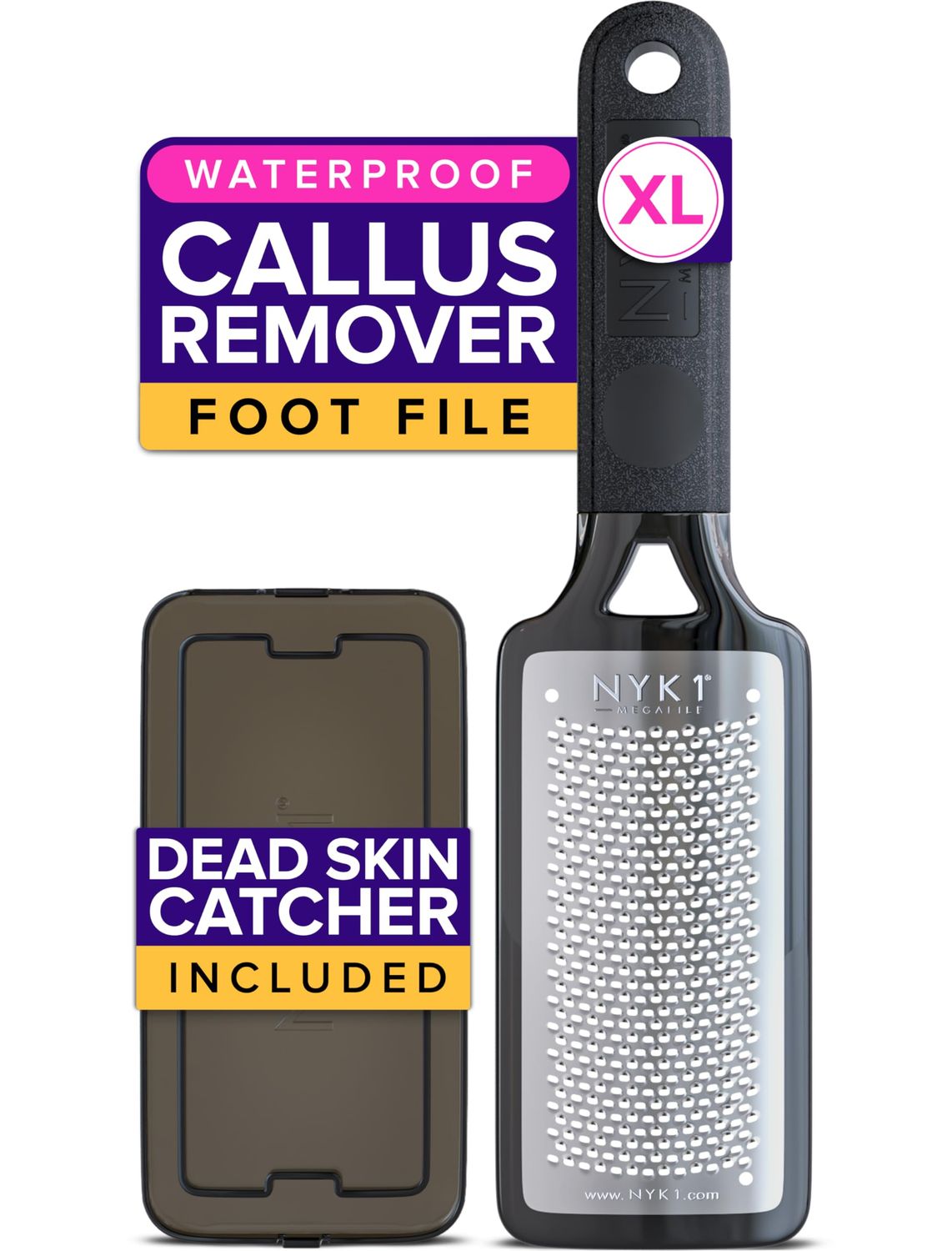 RUSTPROOF Foot File Callus Remover for Feet with Skin Catcher (XL Size) NYK1 MEGAFILE Foot Callus Remover for Wet &amp; Dry Use - High-Performance Feet Scrubber with Textured Grip for Non-Slip Control