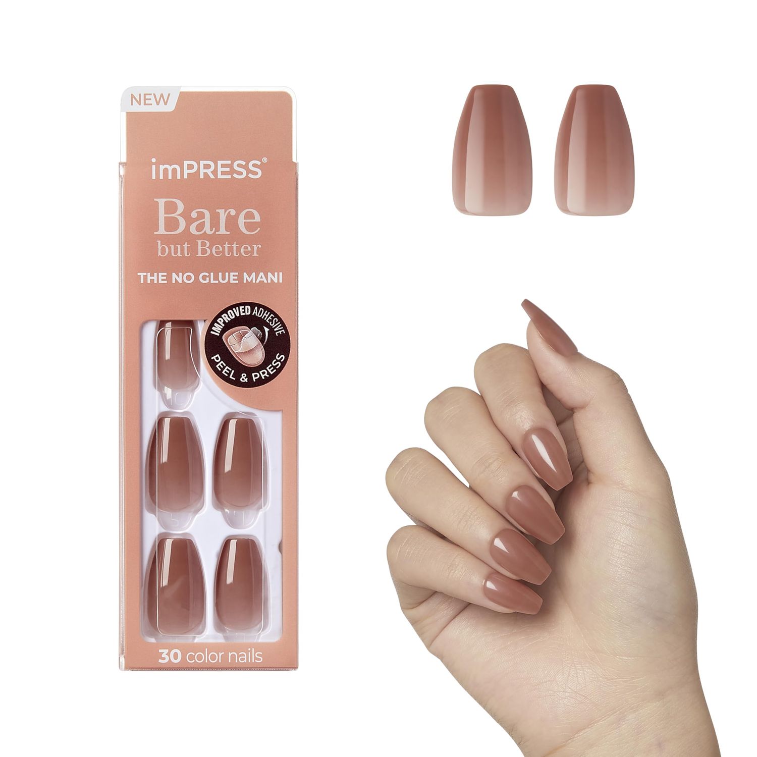 KISS imPRESS No Glue Mani Press-On Nails, Color, Flare, Medium Neutral, Medium Size, Coffin Shape, Includes 30 Nails, Prep Pad, Instructions Sheet, 1 Manicure Stick, 1 Mini File