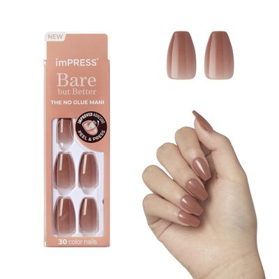 KISS imPRESS No Glue Mani Press-On Nails, Color, Flare, Medium Neutral, Medium Size, Coffin Shape, Includes 30 Nails, Prep Pad, Instructions Sheet, 1 Manicure Stick, 1 Mini File