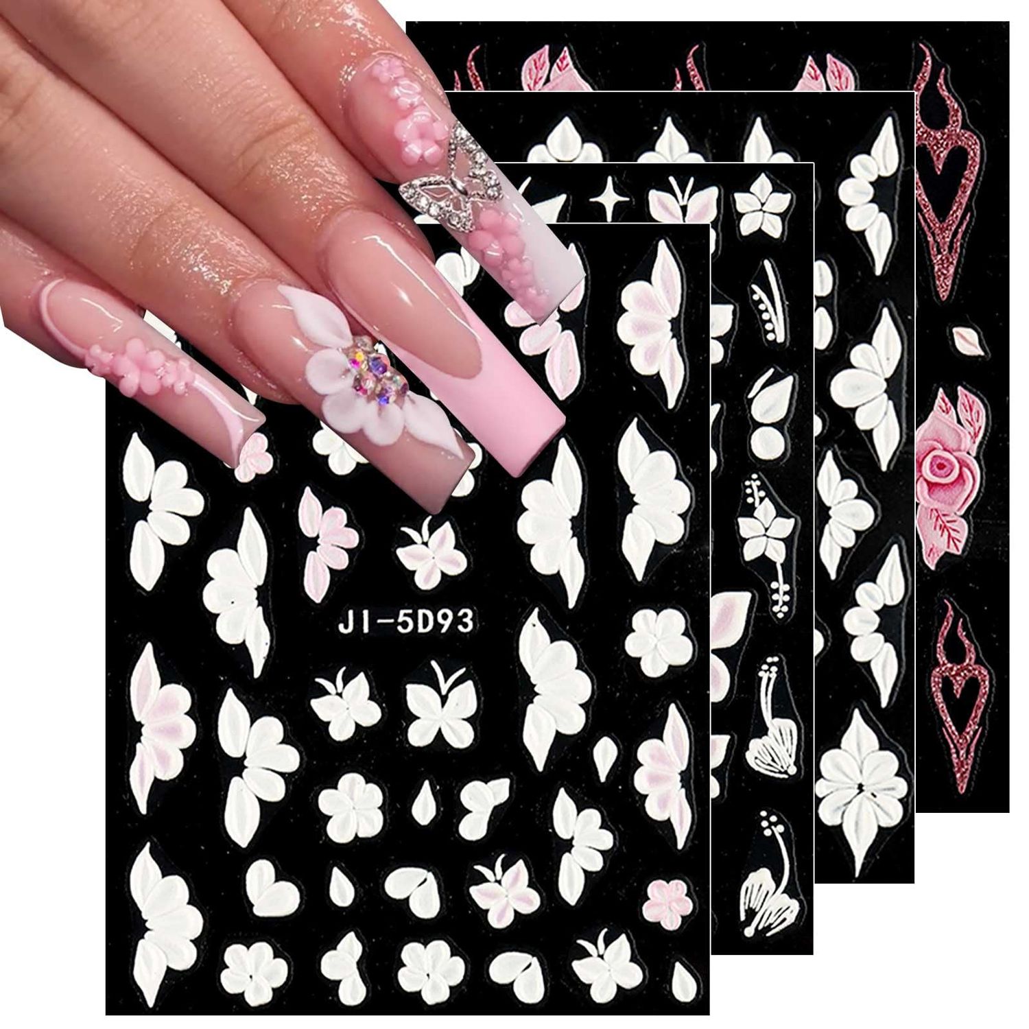 JMEOWIO 6 Sheets 3D Embossed Flower Butterfly Nail Art Stickers Decals Self-Adhesive Pegatinas Uas 5D White Spring Floral Nail Supplies Nail Art Design Decoration Accessories