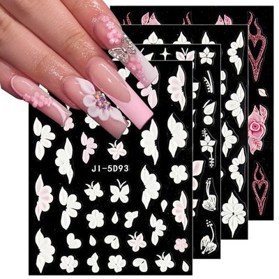 JMEOWIO 6 Sheets 3D Embossed Flower Butterfly Nail Art Stickers Decals Self-Adhesive Pegatinas Uas 5D White Spring Floral Nail Supplies Nail Art Design Decoration Accessories