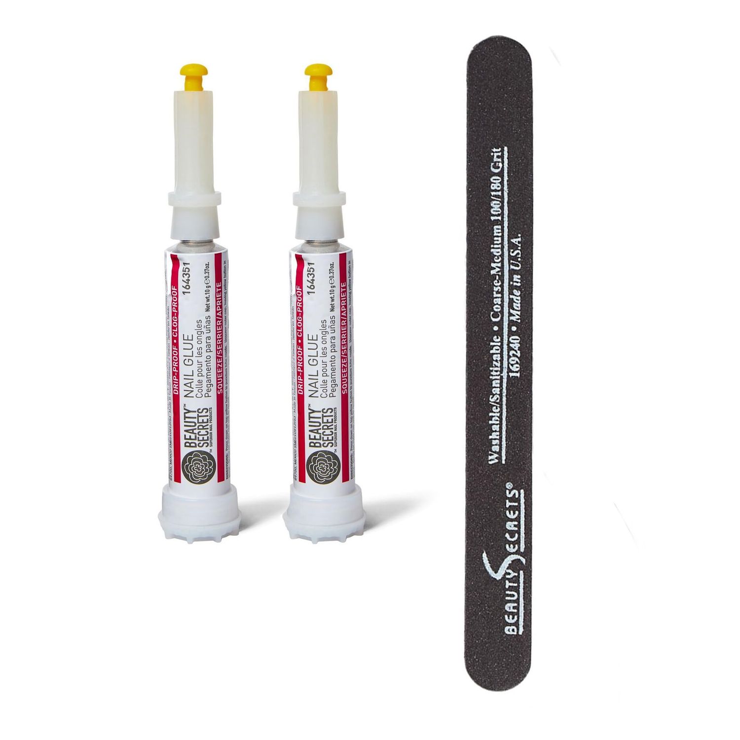 Beauty Secrets Drip &amp; Clog Proof Nail Glue (2 Pack) Bundled with Nail File Black Cushion Medium Coarse 180/100 Grit by Beauty Secrets