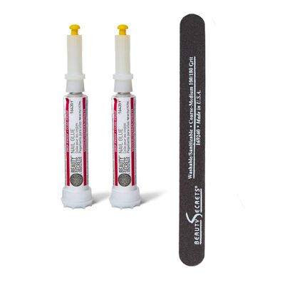 Beauty Secrets Drip &amp; Clog Proof Nail Glue (2 Pack) Bundled with Nail File Black Cushion Medium Coarse 180/100 Grit by Beauty Secrets
