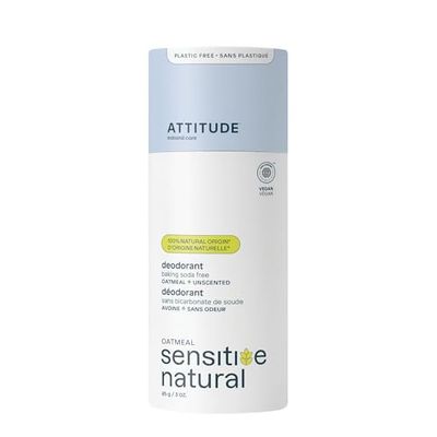 ATTITUDE Baking Soda Free Deodorant for Sensitive Skin with Oatmeal, EWG Verified, Aluminum Free, Plastic-Free, Unscented, 3 Ounces