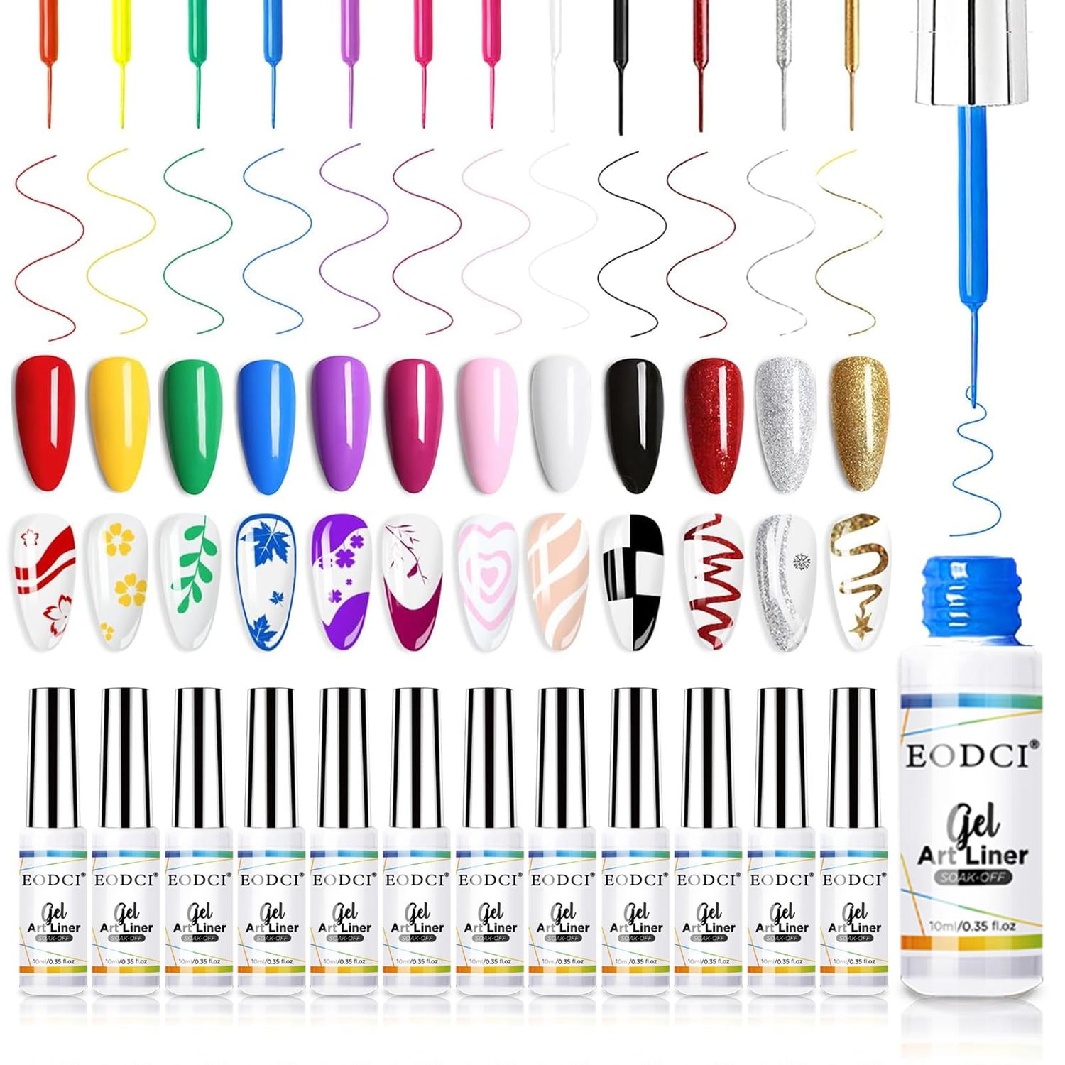 eodci Nail Art Gel Liner Set, 12 Colors Black Red Pink Yellow Green Glitter Fall Winter Gel Polish for Swirl French Tip Painting Designs Soak Off Built Thin Brush DIY Nail Design Kit