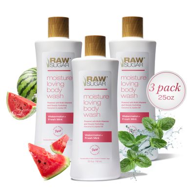 RAW SUGAR Moisture Loving Body Wash - Watermelon Fresh Mint, Moisturizing &amp; Refreshing Bath &amp; Shower Gel, Sulfate-Free, Paraben-Free &amp; Vegan (Pack of 3)