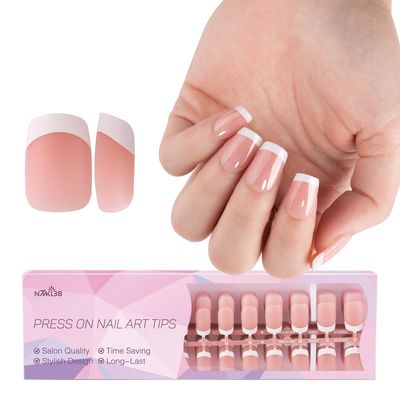 NMKL38 300Pcs 15 Size Short Square French Tip Press on Nails, French Tip Gel Nails for DIY Nail Art
