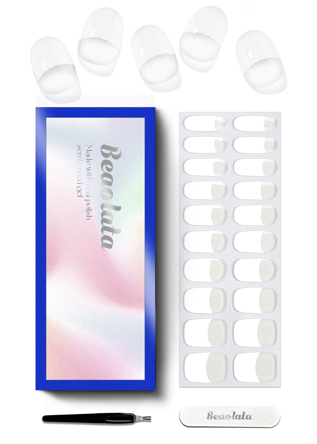 Beaolata Semi Cured Gel Nail Strips - UV Light Gel Nail Stickers - 20 Long Lasting Salon Quality Wraps (French Light White)