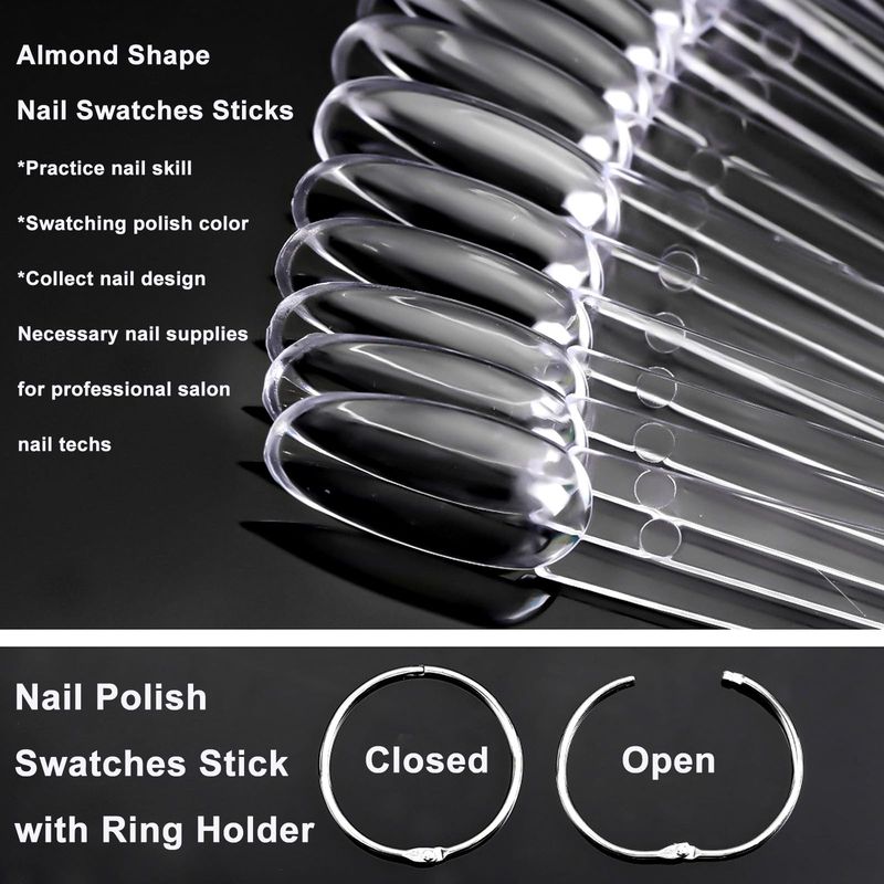 LoveOurHome 150pc Medium Almond Nail Swatch Sticks Vanish Gel Polish Color Design Display Stick Tips Clear Almond Fan Cards Nails Art Practice Sample Tools with Rings