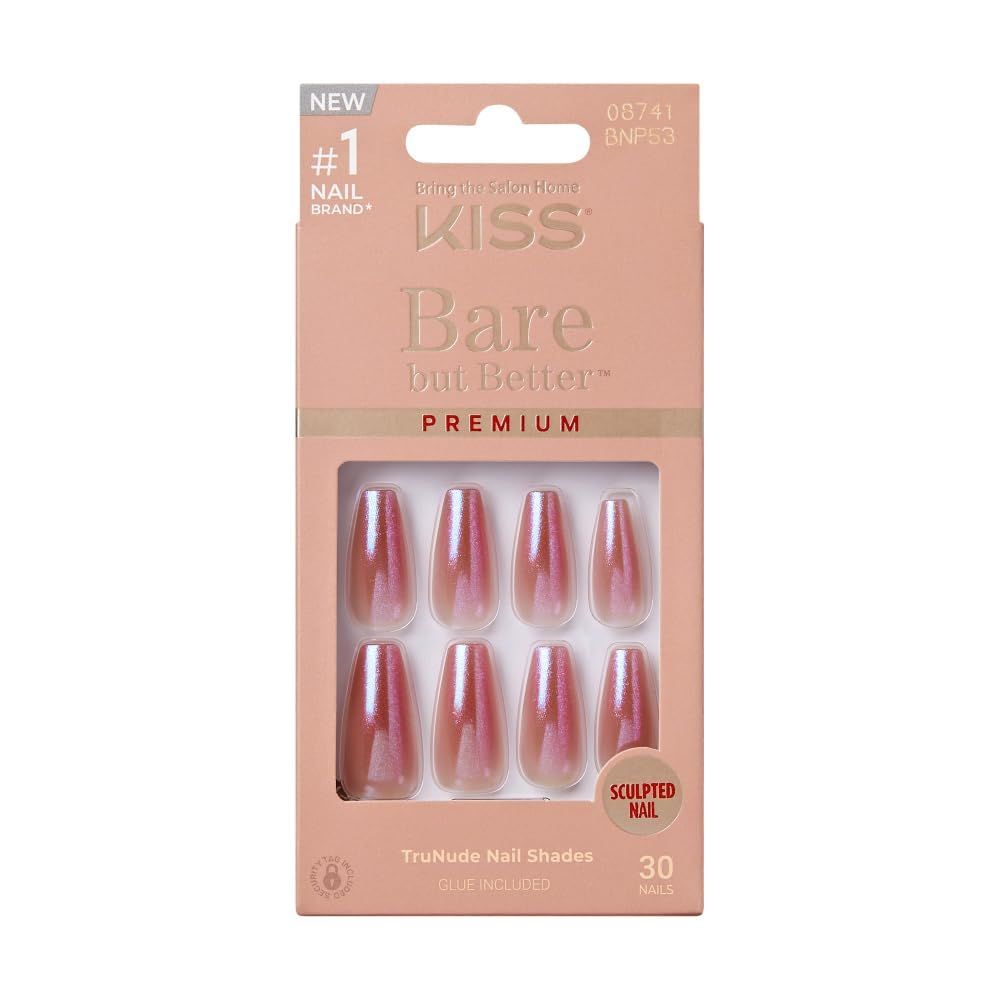 KISS False Nails Kit, Bare but Better Ready to Wear Sculpted Nails, Stick and Glue Included, Long Length, Coffin Shape, Long-Lasting Hottest Trend Glue on Nails, Convenient &amp; Easy to Apply