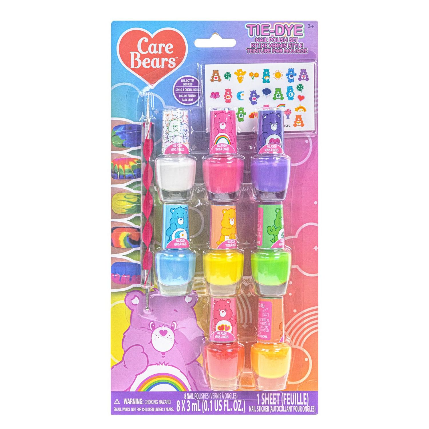 Townley Girl Care Bears 8 Piece Tie-Dye Kids Nail Polish Set | Non-toxic &amp; Quick Dry Nail Polish with Nail Stickers | Birthday Gifts for Ages 3