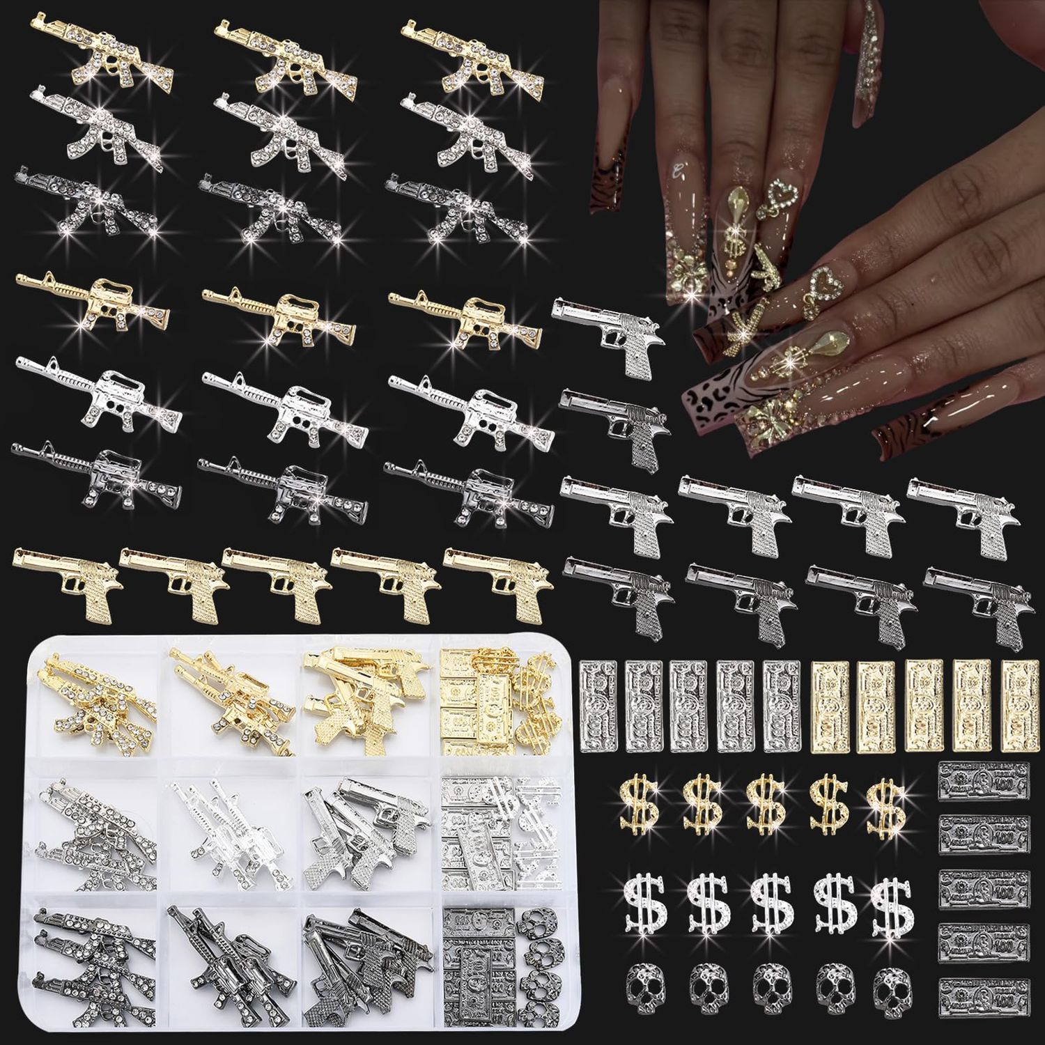 ZUMILLMN 63PCS 3D Nail Charms - Gold Alloy Dollar, Gun &amp; Coin Charms, Shiny Nail Rhinestones for Nail Art, Manicure, DIY Jewelry Making(GoldSilverBlack)