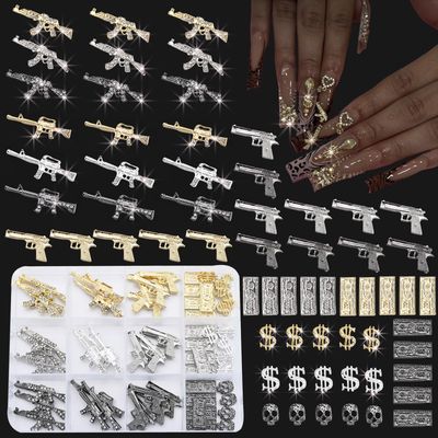 ZUMILLMN 63PCS 3D Nail Charms - Gold Alloy Dollar, Gun &amp; Coin Charms, Shiny Nail Rhinestones for Nail Art, Manicure, DIY Jewelry Making(GoldSilverBlack)