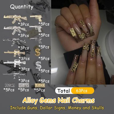 ZUMILLMN 63PCS 3D Nail Charms - Gold Alloy Dollar, Gun &amp; Coin Charms, Shiny Nail Rhinestones for Nail Art, Manicure, DIY Jewelry Making(GoldSilverBlack)