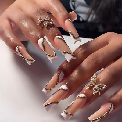 IMRAIN Press-on Nails - Long Square Golden &amp; White Nude False Nails, French Tips, Full Cover Glossy Glue-on, 24 Pcs