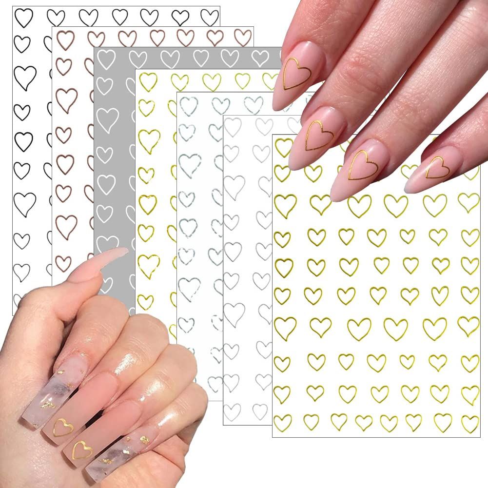 7 Sheets Heart Nail Decals - 3D Self Adhesive Nail Art Stickers - Gold Hollow Heart Nail Designs DIY Valentines Manicure Decorations