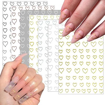 7 Sheets Heart Nail Decals - 3D Self Adhesive Nail Art Stickers - Gold Hollow Heart Nail Designs DIY Valentines Manicure Decorations