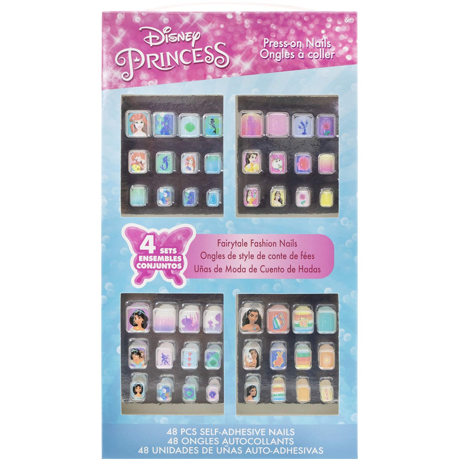 Townley Girl Disney Princess 48 Pcs Press-On Nails Artificial False Nails Set for Girls, Kids with Pre-Glue Full Cover Acrylic Nail Tip Kit, Ages 6 for Parties, Sleepovers and Makeovers