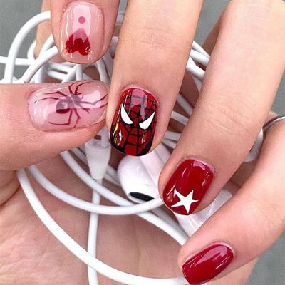 Halloween Press on Nails Short Spider Fake Nails Red Square False Nails with Spider Web Designs Acrylic Nails for Women Girls Men Halloween Manicure Art Decorations