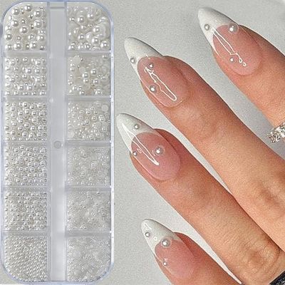 12 Half Round White Pearls for Nails - Nail Art Charms &amp; Beads for Crafting - Flatback Pearl Decor