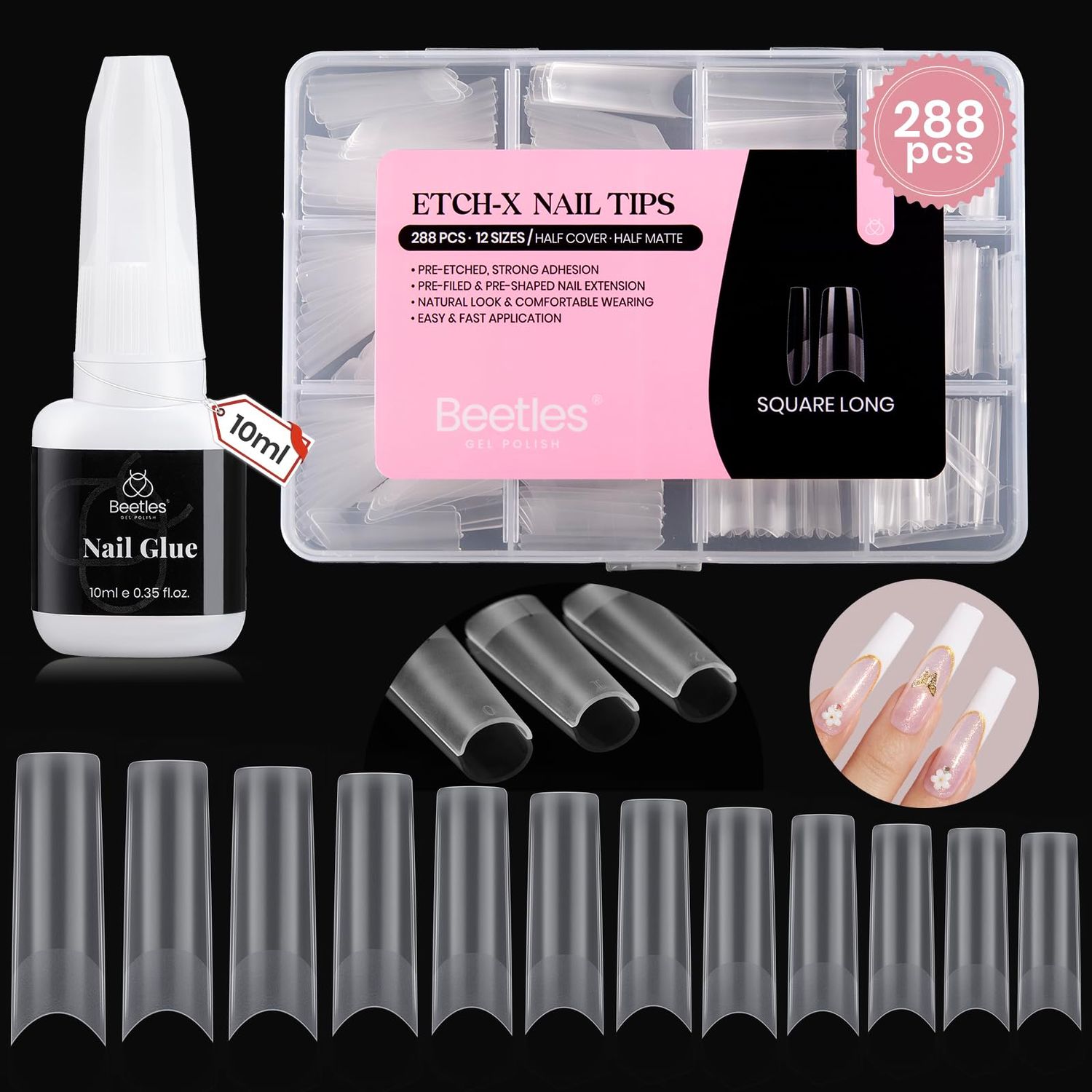 Beetles 288PCS No C Curve Nail Tips with 10ml Nail Glue: Long Square Half Cover Clear Pre-Etched False Tips, 12 Sizes Nail Extensions for Acrylic Nails, Professional DIY Manicure Kit