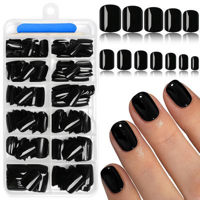 AddFavor Black Press on Nails Short Square Fake Nails, 240pc Short Nails Press ons 12 Sizes Squoval False Acrylic Nail Stick on Nails for Women