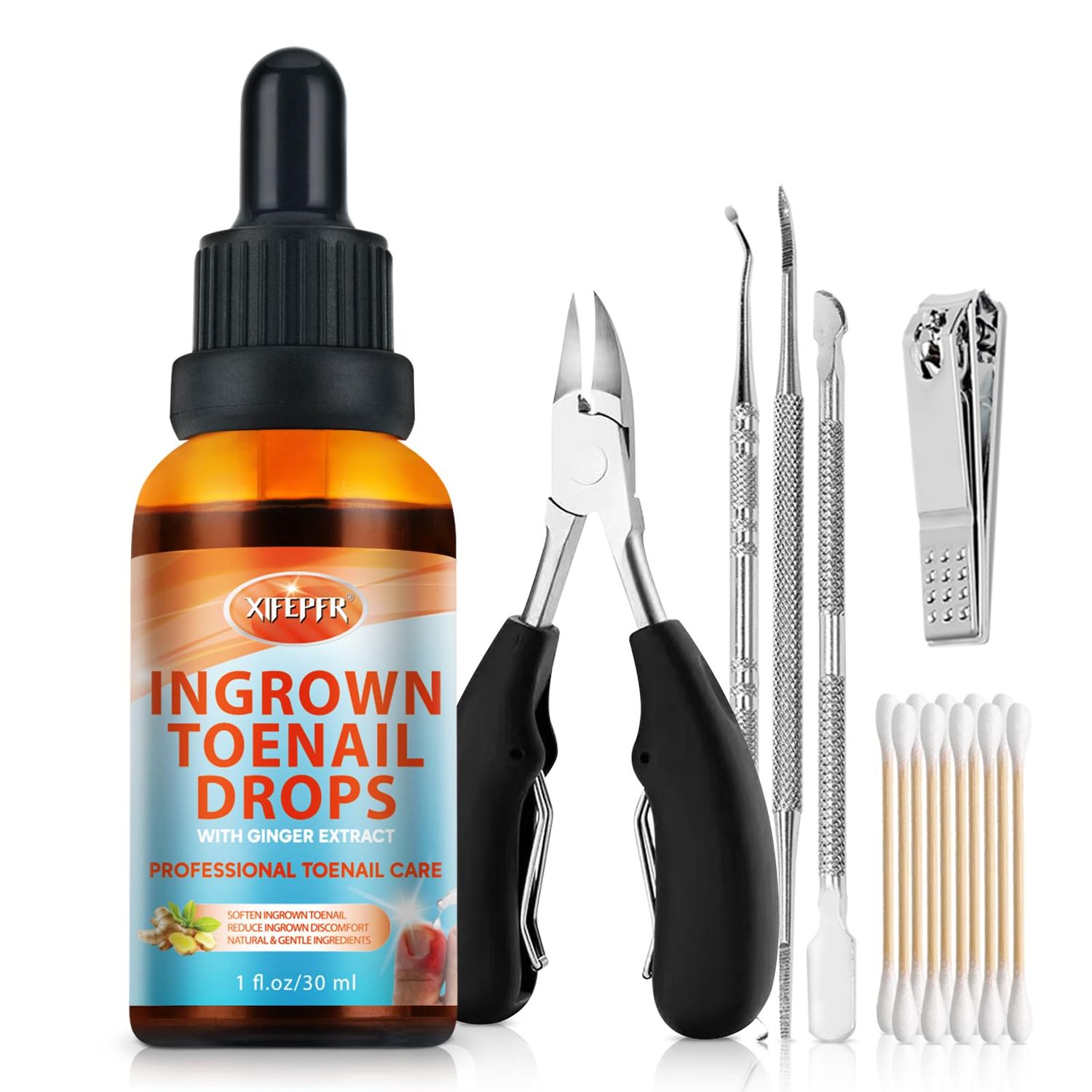 XIFEPFR Ingrown Toenail Kit, Ginger Ingrown Toenail Treatment, Drops with Tools for Big Toe Ingrown Pain Relief, Toenail Clippers For Thick &amp; Ingrown Nails, Ingrown Toenail Removal Kit