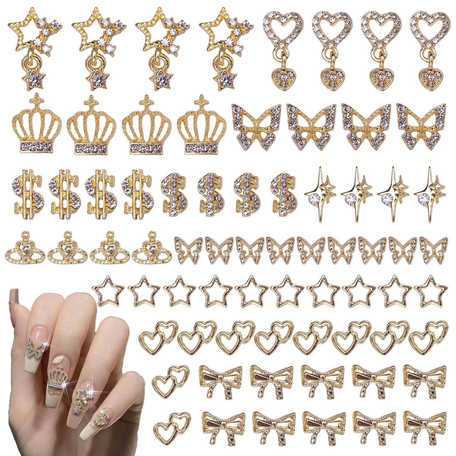 Anower 78Pcs Gold Nail Charms Gem Kit, 12 Styles Alloy Nail Art Charm, Assorted Butterfly Crown Hollow Planets Star Metal Nail Jewelry 3D Nail Gems Charms for Nails Design Nail Art Supplies
