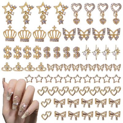 Anower 78Pcs Gold Nail Charms Gem Kit, 12 Styles Alloy Nail Art Charm, Assorted Butterfly Crown Hollow Planets Star Metal Nail Jewelry 3D Nail Gems Charms for Nails Design Nail Art Supplies