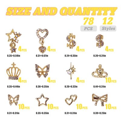 Anower 78Pcs Gold Nail Charms Gem Kit, 12 Styles Alloy Nail Art Charm, Assorted Butterfly Crown Hollow Planets Star Metal Nail Jewelry 3D Nail Gems Charms for Nails Design Nail Art Supplies