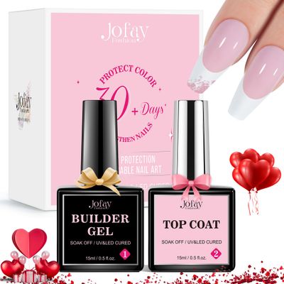 Jofay Fashion Builder Gel and Top Coat Set for French Nails Tips Protecting Nail Thickening Apex Building Extension Shine Finish and Long Lasting, LED Lamp Cured 15ml2 DIY Home Salon