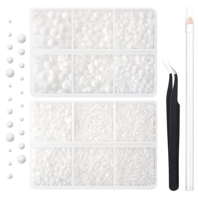 AUREHEN 10000PCs 2-6MM White Resin Flat Back Rhinestones, Round Non Hotfix Resin Rhinestones Nail Gems Stones with Tweezer &amp; Picker Pen for Tumblers Nail Art &amp; DIY Decoration