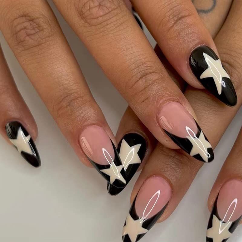 IMSOHOT Medium Almond Press on Nails French Black Fake Nails Stiletto Star False Nails with Designs Y2K Glue on Nails Glossy Full Cover Acrylic Nails for Women 24PCS
