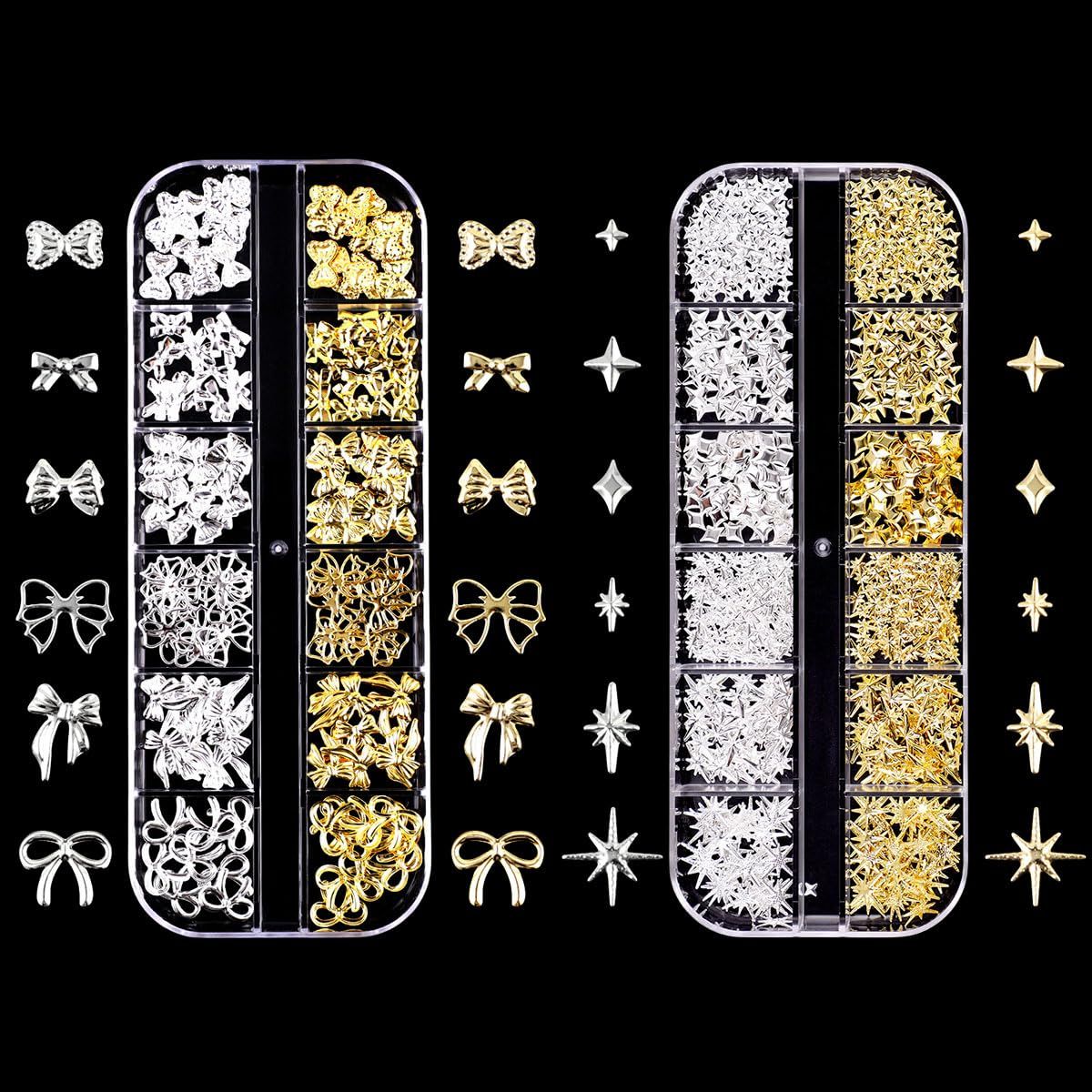 3D Metal Punk Nail Studs, Gold Silver Star Bows Nail Art Charms, Alloy Manicure Decoration DIY Charms for Nail Art Decoration Accessories (Gold Silver A)