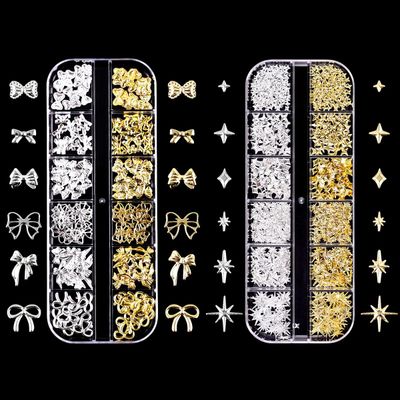 3D Metal Punk Nail Studs, Gold Silver Star Bows Nail Art Charms, Alloy Manicure Decoration DIY Charms for Nail Art Decoration Accessories (Gold Silver A)